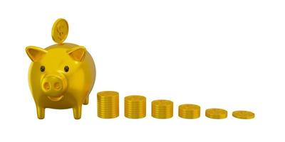 3d render money jar pig gold with money gold dollar coin stack, white background concept saving and financial business photo
