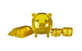 3d render money jar pig gold and gold bars with money gold dollar coin stack, white background concept saving and financial business photo