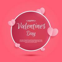 Happy Valentines day pink background. Heart elements with floating pink circle frame. Paper cut style. vector