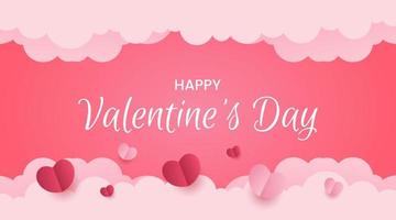 Happy Valentine's day lettering typography with clouds and hearts paper cut style on pink gradient background vector