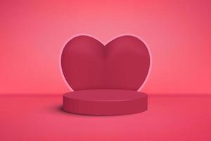 feliz día de san valentín y escenario 3d podio con forma de corazón 3d sobre fondo rosa vector