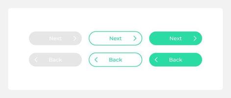 Back and next register buttons UI elements kit. Isolated vector components. Flat navigation menus and interface buttons template. Web design widget collection for mobile application with light theme