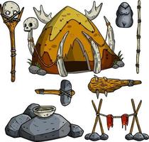 Set of caveman items. A hut of skins and bones, a wooden club, a torch, the skull of an animal. The lifestyle of primitive man. Cartoon illustration vector