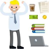Male employee in shirt and tie. Office man and set of objects. Cute character. Joyful guy. Cartoon flat illustration. Books, laptop, coffee, document file, cash and coin money vector