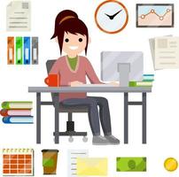 la mujer se sienta en el escritorio con la computadora y escribe un mensaje frente al monitor. conjunto de iconos de negocios: carpeta amarilla, estuche para documento, horario, taza de café roja, efectivo. imagen plana mujer de negocios en el trabajo vector
