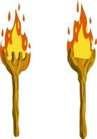 Torch on stick. Fire and branch. Primitive weapon. Burning club. Cartoon flat illustration. old item for lighting vector