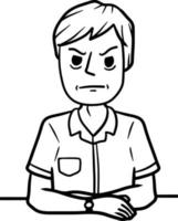 Angry man sit with crossed arms. Negative gesture and discontent. Bad emotions. grumpy guy and Unpleasant look. Hand-drawn black and white sketch cartoon illustration. vector