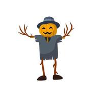 Scarecrow with a pumpkin head. Funny bogeyman with hat. A fabulous Halloween Character. Old clothes and a stick. Flat cartoon illustration vector