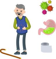 Medical assistance in case of poisoning. Set of indigestion Icons. Toilet paper, virus, bacteria and microbe. Old man holding belly. Poor nutrition of senior. Health problem. Diarrhea, upset stomach. vector