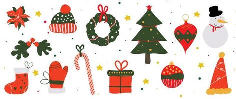 conjunto de ilustración de vector de elemento de Navidad vibrante de invierno. colección de árbol de navidad, corona, bola de adorno, gorro de punto, guante, muñeco de nieve. diseño para pegatina, tarjeta, afiche, invitación, saludo.