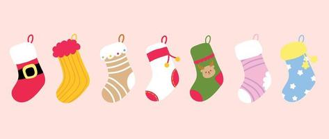 Set of christmas socks background vector illustration. Collection of decorative cute vibrant knitted socks in different style. Design for christmas decoration, invitation card, greeting, poster.
