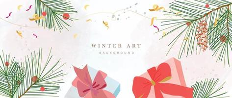 Christmas winter art background vector illustration. Hand painted winter pine leaves, golden ribbon, confetti, present box with bow ribbon. Design for print, decoration, poster, wallpaper, banner.