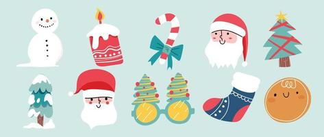 Set of winter vibrant christmas element vector illustration. Collection of cute snowman, christmas tree eyeglasses, candy cane, santa, sock. Design for sticker, card, poster, invitation, greeting.
