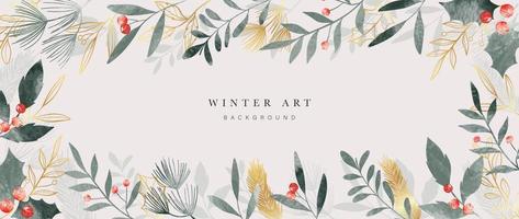 Watercolor winter art background vector illustration. Hand painted decorative winter leaves frame, berry, holly, laurel with gold line art. Design for print, decoration, poster, wallpaper, banner.