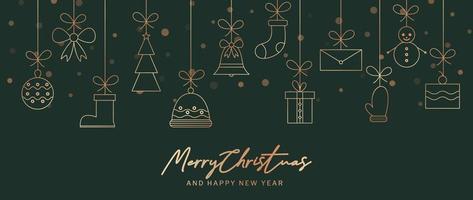 Christmas and happy new year background vector. Luxury christmas decorative hanging gold baubles line art of bow, sock, winter hat, present. Design illustration for wallpaper, card, cover, poster. vector