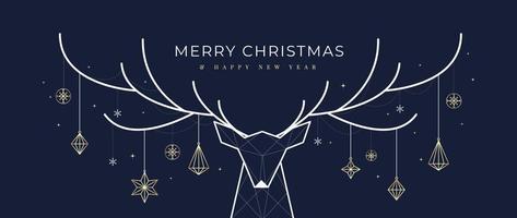 Luxury christmas and happy new year concept background vector. Elegant geometric reindeer and gold hanging bauble ball line art on dark blue background. Design for wallpaper, card, cover, poster. vector