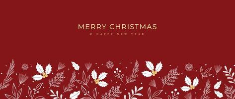 Luxury christmas and happy new year concept background vector. Elegant white christmas winter leaf branch, holly, pine leaf, mistletoe on red background. Design for wallpaper, card, cover, poster. vector