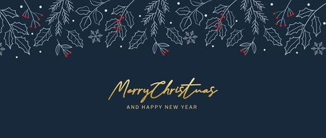Luxury christmas and happy new year concept background vector. Elegant white christmas winter leaf branch line art, holly, pine leaf on dark blue background. Design for wallpaper, card, cover, poster.