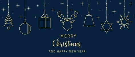 Luxury christmas and happy new year background vector. Elegant hanging geometric gold line art christmas tree, reindeer, snowflake on dark blue background. Design for wallpaper, card, cover, poster. vector