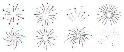 Set of new year firework vector illustration. Collection of blue and red fireworks, star burst on white background. Art design suitable for decoration, print, poster, banner, wallpaper, card, cover.