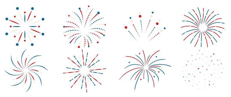 Set of new year firework vector illustration. Collection of blue and red fireworks, star burst on white background. Art design suitable for decoration, print, poster, banner, wallpaper, card, cover.