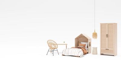 Banner with boho style child room furniture and copy space for advertisement text or logo. Furniture store, interior details. Furnishings sale. Interior project. Template with free space. 3d render. photo