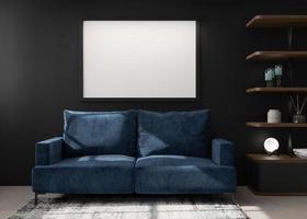Empty black picture frame on black wall in modern living room. Mock up interior in contemporary style. Free space, copy space for your picture, poster. Blue sofa. shelves, carpet. 3D rendering. photo