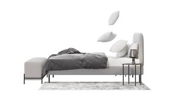 Double bed with carpet, pouf and lamps on white background, isolated. Flying pillows, action. Side view. Gray and white bedding. Modern interior design element. Bedroom furniture. Cut out. 3D render. photo