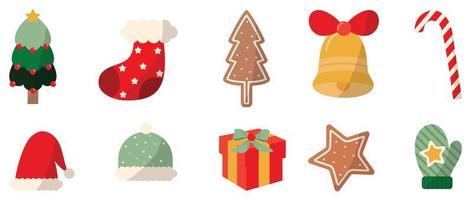 conjunto de ilustración de vector de elemento de Navidad vibrante de invierno. colección de árbol de navidad, guante, calcetín, sombrero, caja de regalo, campana, bastón de caramelo. diseño para pegatina, tarjeta, afiche, invitación, saludo.