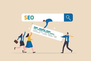 seo, optimización de motores de búsqueda para ayudar al sitio web a alcanzar la clasificación más alta en la página de resultados de búsqueda, promover el sitio web o el concepto de comunicación, los empresarios ayudan a optimizar la URL del sitio web en la barra de búsqueda de primer rango. vector