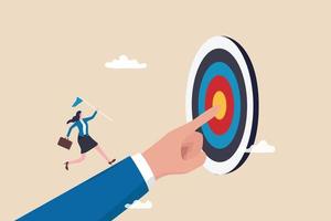 Goal oriented, setting goal and focus on target and aim to achieve success, work toward mission target, motivation and anticipation to win concept, businesswoman run on hand pointing toward target. vector