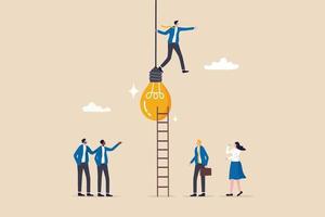 Initiative idea, leader or ambition to act to get solution and solve problem, courage to success or motivation and challenge concept, businessman initiate solution climb up lightbulb to get solution. vector