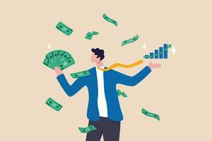 Earn money or make profit investing, easy cash or loan, investment professional or expert, wealth management or success investor concept, rich businessman hold pile of money banknote and growth chart. vector