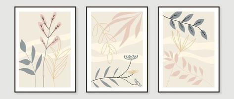 Botanical leaf branch wall art set vector. Abstract hand drawn tropical plant and foliage line art background. Design illustration for print, wall decor, home decoration, poster, wallpaper, banner. vector