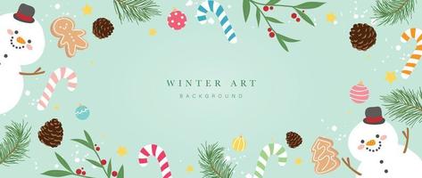 Christmas winter art background vector illustration. Hand painted decorative snowman, gingerbread man, pine cone, candy cane, baubles, laurel. Design for print, decoration, poster, wallpaper, banner.