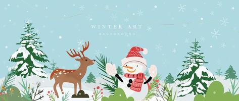 Christmas winter art background vector illustration. Hand painted winter snowy landscape, pine trees, cute snowman, snowflakes, reindeer. Design for print, decoration, poster, wallpaper, banner.