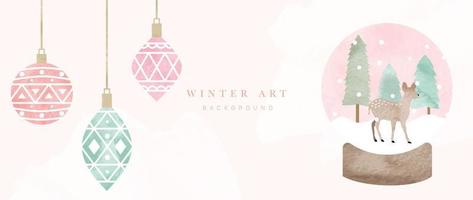 Ilustración de vector de fondo de arte de invierno acuarela. pintar a mano adornos navideños decorativos, bola de cristal de nieve con ciervos y pinos. diseño para impresión, decoración, afiche, papel tapiz, pancarta.