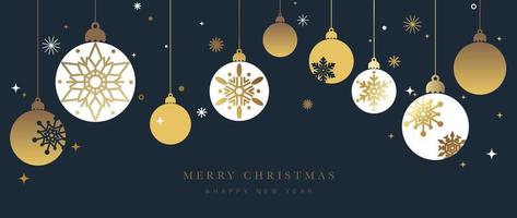 Luxury christmas and happy new year concept background vector. Elegant gold and white hanging bauble balls decorated with snowflake on dark blue background. Design for wallpaper, card, cover, poster. vector