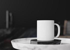 White mug mock up. Blank template for your design, advertising, logo. Close-up view. Copy space. Cup standing on coffee table in modern interior. Minimalist coffee cup mockup. 3D rendering. photo