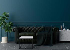 Empty blue wall in modern living room. Mock up interior in classic style. Free space, copy space for your picture, text, or another design. Leather sofa, plant, sideboard. 3D rendering. photo