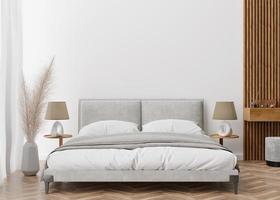 Empty white wall in modern and cozy bedroom. Mock up interior in contemporary style. Free space, copy space for your picture, text, or another design. Bed, lamps, parquet, pampas grass. 3D rendering. photo