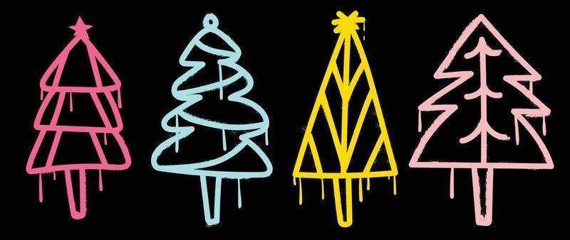 Set of christmas elements spray paint vector. Graffiti, grunge, glowing elements of spray paint christmas trees, ink flow on black background. Design illustration for decoration, card, sticker.