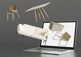 Laptop with flying furniture. Shopping online. Furniture shop, interior details. Furnishings sale or interior project concept. Buy sofa, table, chair, commode via internet. E-commerce. 3d rendering. photo