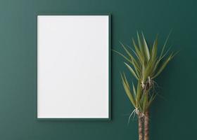 Empty vertical picture frame on green wall. Free, copy space for picture, poster. Template for your design. Plant. 3D rendering. photo