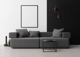 Empty vertical picture frame on white wall in modern living room. Mock up interior in contemporary style. Free space for picture. Gray sofa, black marble coffee table, lamps, vases. 3D rendering. photo