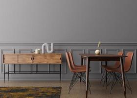 Empty gray wall in modern dining room. Mock up interior in contemporary style. Free space, copy space for your picture, text, or another design. Dining table with chairs, parquet floor. 3D rendering.