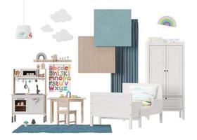 Interior design mood board with isolated modern childs room furniture, home accessories, materials. Furniture store, details. Interior project for kids room. Contemporary style, collage. 3d render. photo