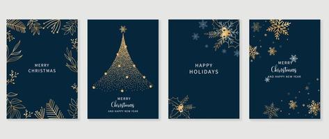 Navidad de lujo y feliz año nuevo conjunto de vectores de plantilla de portada de vacaciones. hojas doradas de invierno, acebo, árbol de navidad brillante y copos de nieve. diseño para tarjeta, corporativo, saludo, papel tapiz, afiche.