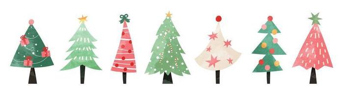 conjunto de ilustración de vector de árbol de Navidad acuarela. colección de lindos árboles de navidad decorativos dibujados a mano aislados en fondo blanco. diseño para pegatinas, decoración, tarjetas, afiches, obras de arte.