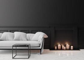 Empty black wall in modern living room. Mock up interior in classic style. Free space, copy space for your picture, text, or another design. Sofa, marble coffee table, fireplace. 3D rendering. photo